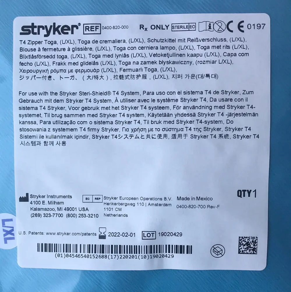 
                  
                    Stryker 0400-820-000 T4 Zipper Toga L/XL | KeeboMed
                  
                