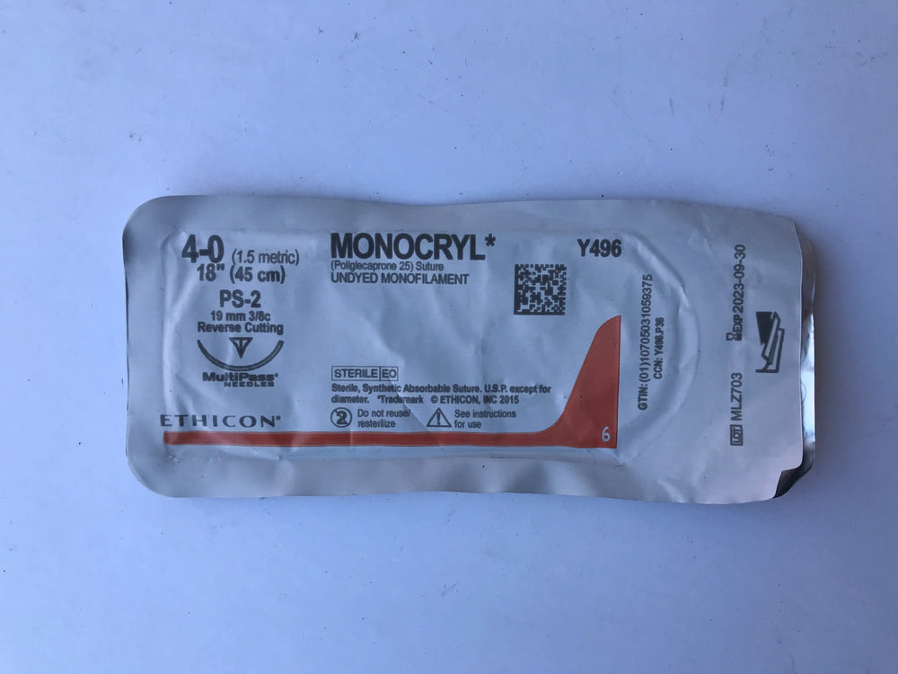 Ethicon Monocryl Poliglecaprone 25 Suture, Undyed Monofilament 4-0, 18” PS-2, 19mm 3/8c, RC, Sterile, Synthetic Absorbable Suture. Single use | KeeboMed Disposable Medical Products