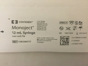 
                  
                    Covidien MONOJECT 12ml Syringe with Luer-Lock Tip, Exp. 05/03/2023 (615KMD)
                  
                