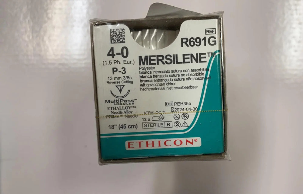 Mersilene 4-0 (Polyester) sutures. 13 mm 3/8 reverse cutting