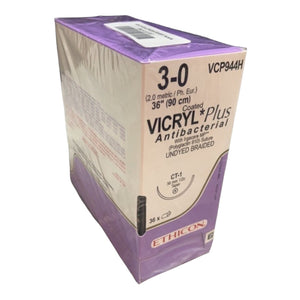 
                  
                    Ethicon VCP944H 3-0 Vicryl Plus Antibacterial Undyed Braided Sutures  CT-1 36mm 1/2c Taper Exp. Date: 01/31/2022 Ref: VCP944H 3 Dozen Polyglactin 910 Suture | KeeboMed
                  
                