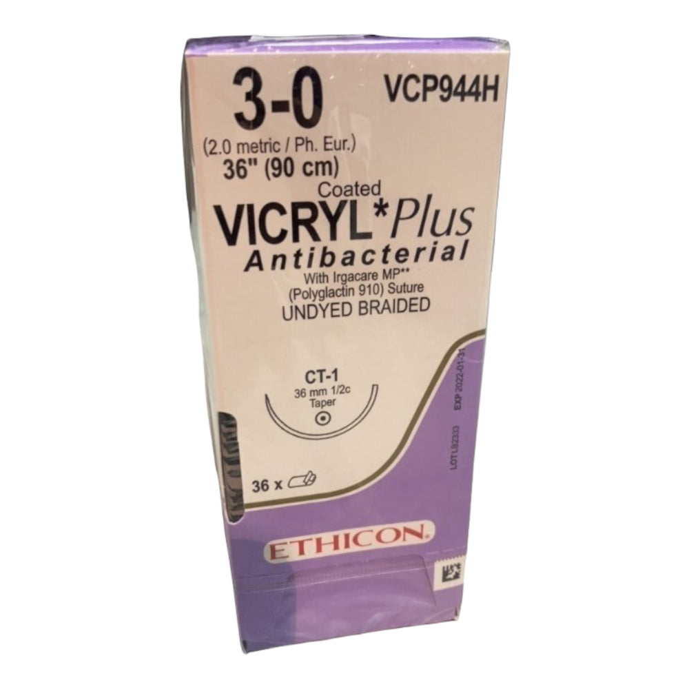
                  
                    Ethicon VCP944H 3-0 Vicryl Plus Antibacterial Undyed Braided Sutures  CT-1 36mm 1/2c Taper Exp. Date: 01/31/2022 Ref: VCP944H 3 Dozen Polyglactin 910 Suture | KeeboMed
                  
                