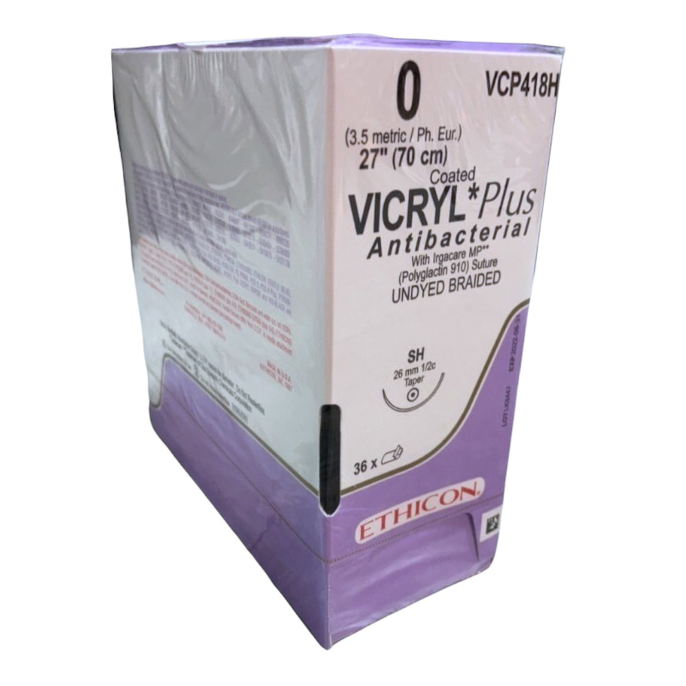 Ethicon VCP418H Size 0 Coated Vicryl Plus Antibacterial Sutures  Expiration Date: 8-31-2022  With Irgacare MP Polyglactin 910 Suture Undyed Braided  SH 26mm 1/2c Taper 3 Dozen - 1 Box | KeeboMed