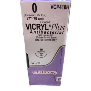 
                  
                    Ethicon VCP418H Size 0 Coated Vicryl Plus Antibacterial Sutures  Expiration Date: 8-31-2022  With Irgacare MP Polyglactin 910 Suture Undyed Braided  SH 26mm 1/2c Taper 3 Dozen - 1 Box | KeeboMed
                  
                