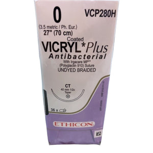 
                  
                    Ethicon VCP280H Size 0 Coated Vicryl Plus Antibacterial Sutures  Expiration Date: 01-31-2022  With Irgacare MP Polyglactin 910 Suture Undyed Braided CT 40mm 1/2c Taper 36 Count - 1 Box | KeeboMed
                  
                