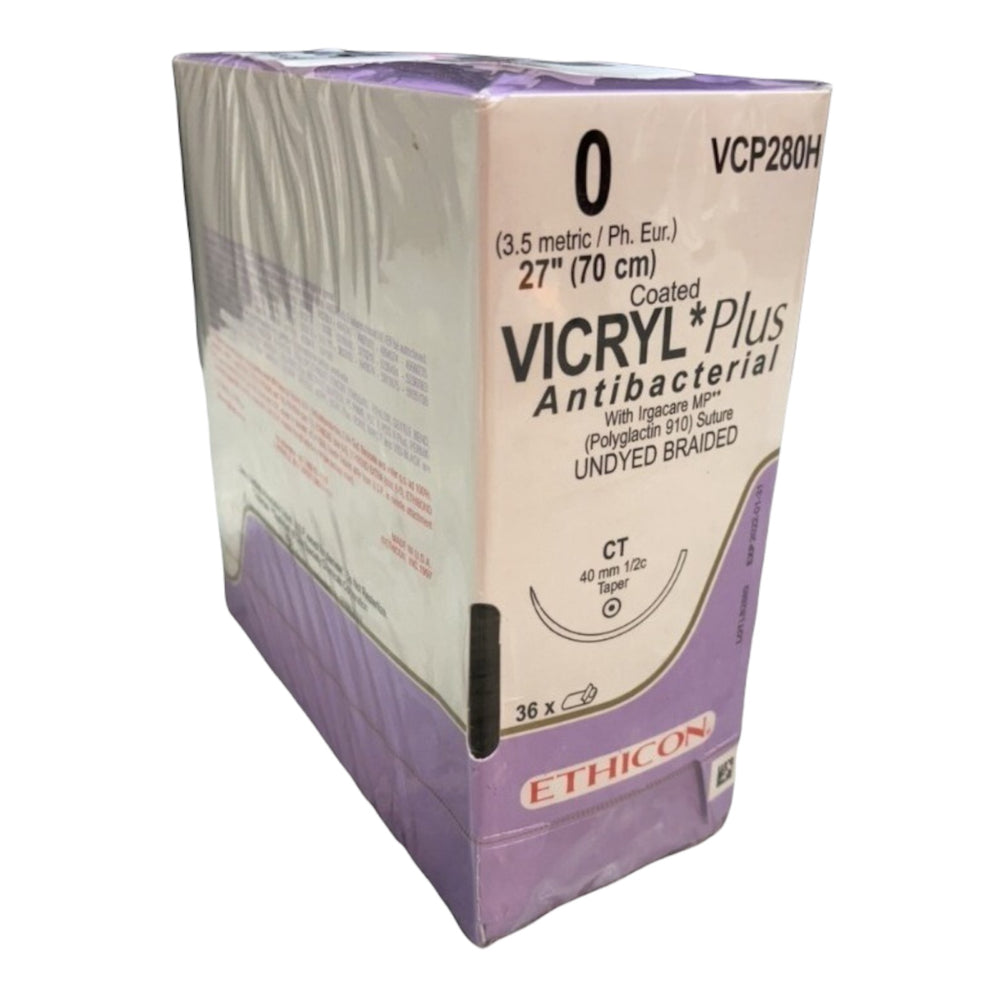 
                  
                    Ethicon VCP280H Size 0 Coated Vicryl Plus Antibacterial Sutures  Expiration Date: 01-31-2022  With Irgacare MP Polyglactin 910 Suture Undyed Braided CT 40mm 1/2c Taper 36 Count - 1 Box | KeeboMed
                  
                