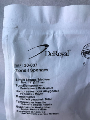 
                  
                    DeRoyal 30-037 Tonsil Sponges Single Strung Medium Size 7.8", 5 in Package
                  
                