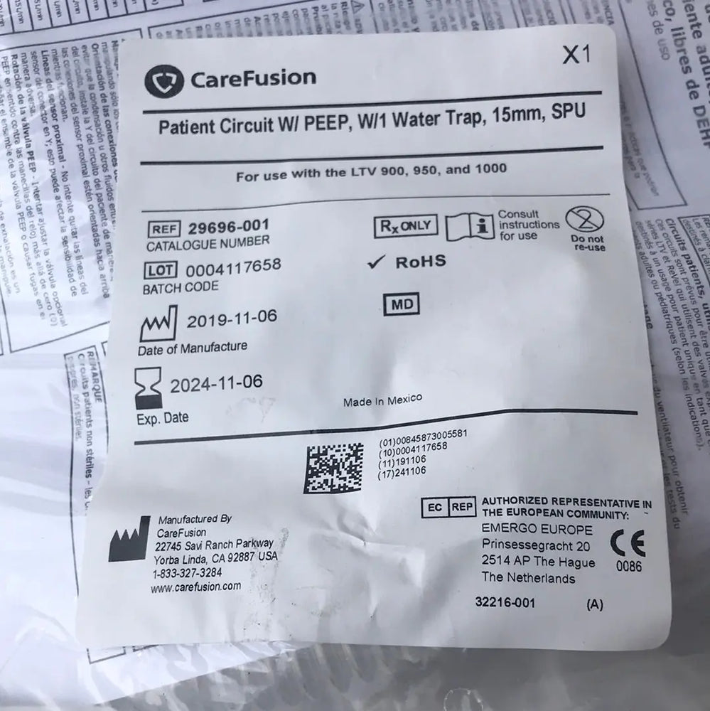
                  
                    CareFusion Patient Circuit W/ PEEP, W/1 Water Trap, 15mm, SPU. For use with the LTV 900, 950, and 1000. 29696-001 | KeeboMed Medical Disposables
                  
                