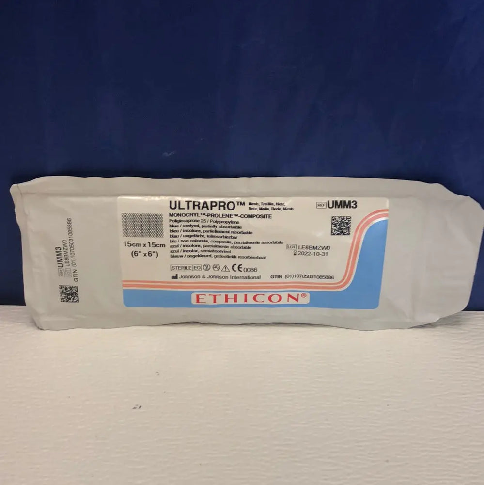 
                  
                    Ethicon Ultrapro Monocryl Prolene Composit Poliglecaprone 25 / Polypropylene, Ref UMM3, 6" x 6", Blue / undyed, partially absorbable | KeeboMed
                  
                