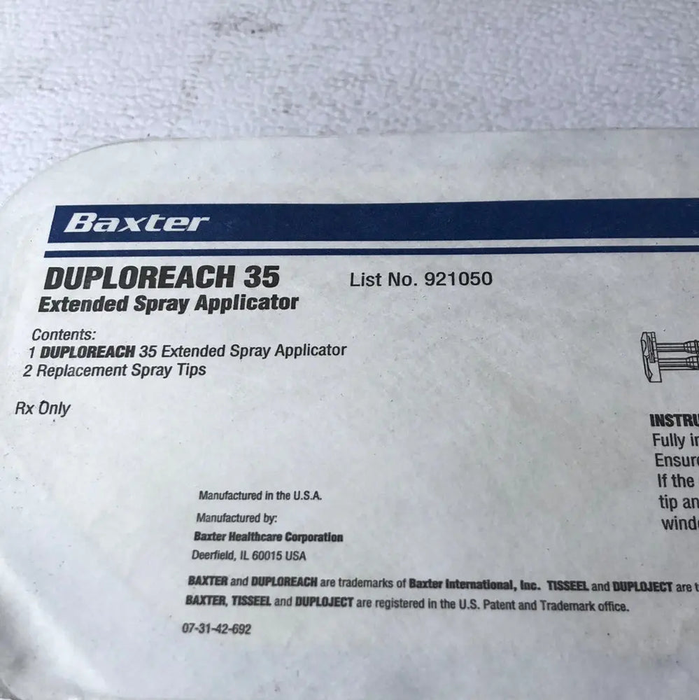 
                  
                    Baxter Duploreach 35 Extended Spray Applicator with Replacement Spray Tips, Rx Only, Sterile, Single Use | KeeboMed Medical Products
                  
                