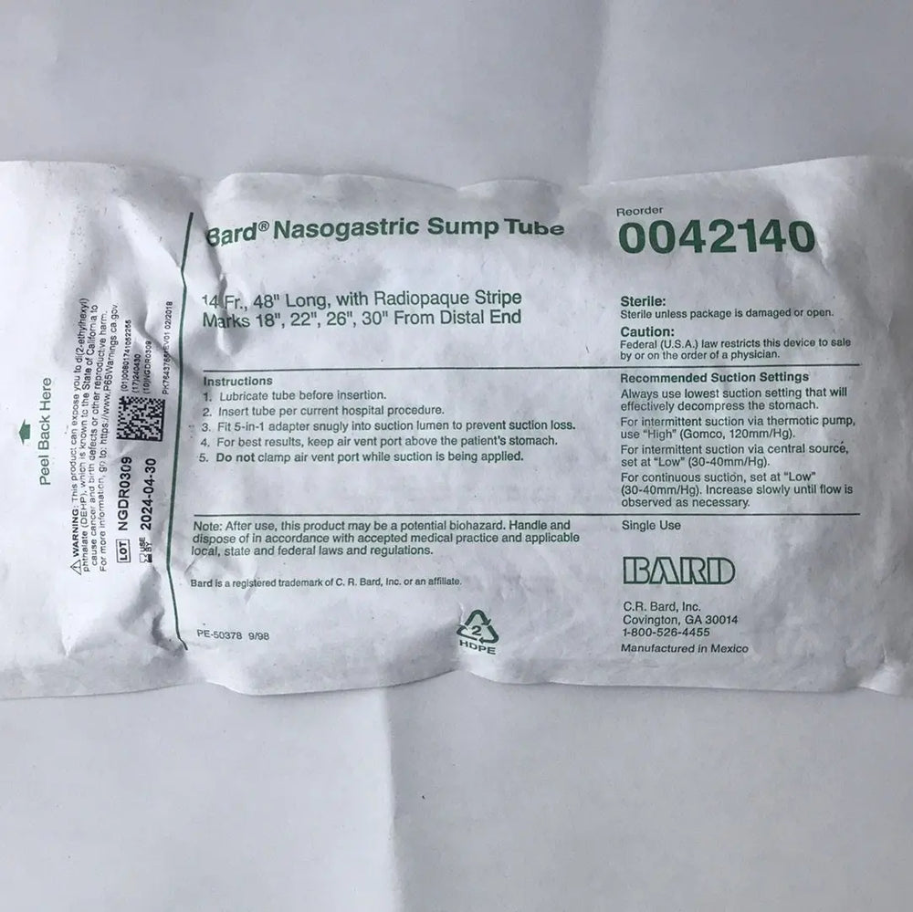 Bard Nasogastric Sump Tube 0042140 14 Fr, 48" | KeeboMed Medical Supplies